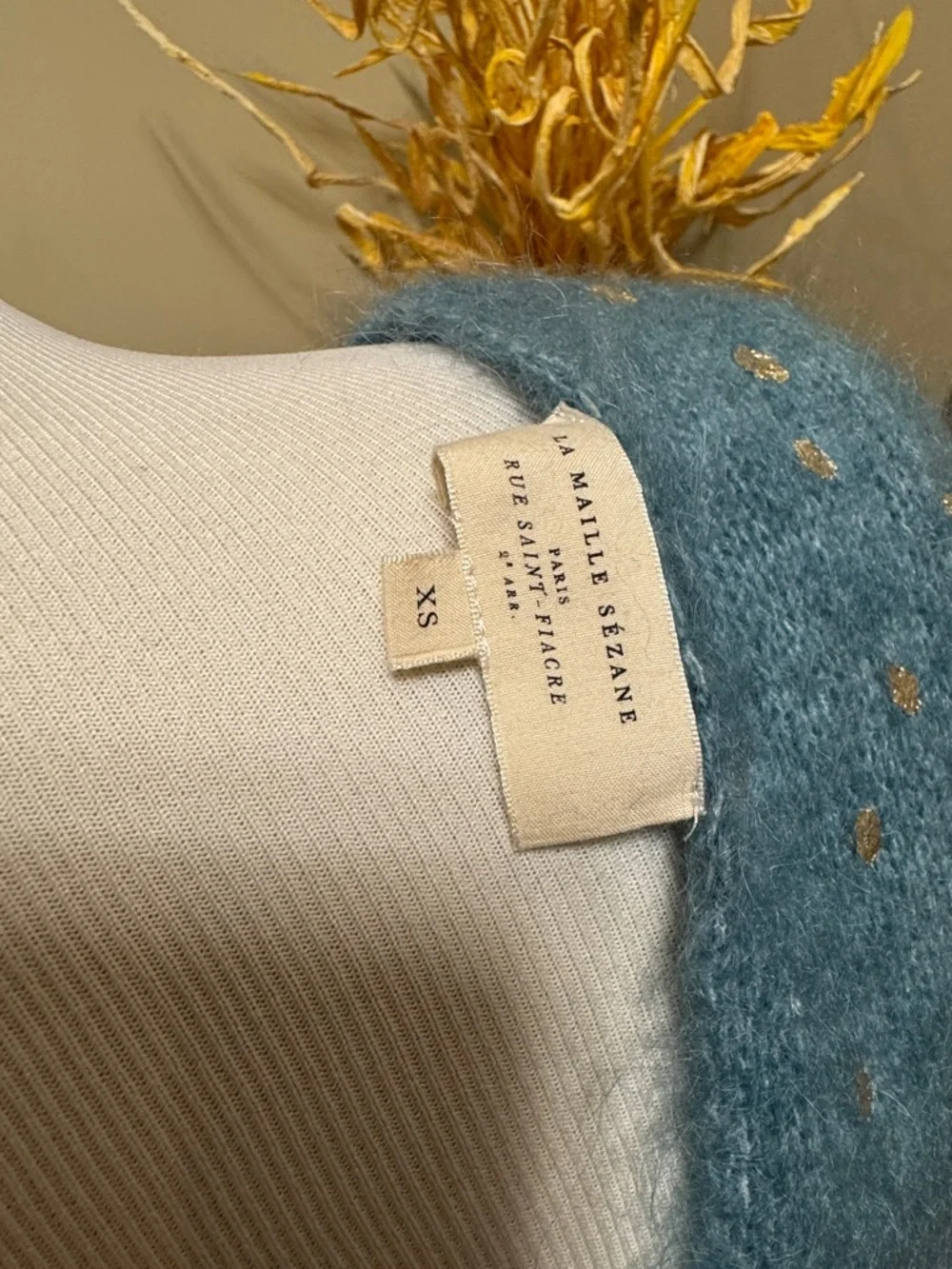 Sezane Teal Blue Gold Polka Dot Short Sleeve Knit Sweater Size XS NWOT - Picture 7 of 9